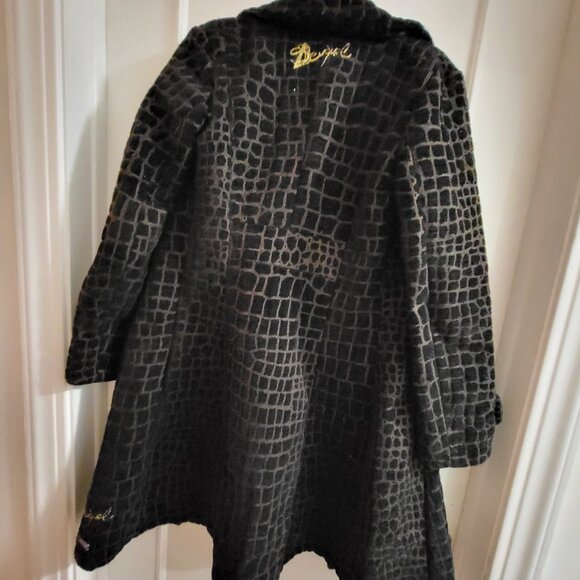 Desigual Black & Brown Textured Faux Croc Button-Down Midi Coat - Size 36 - Picture 9 of 10